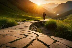 un' persona a piedi su un' sentiero nel il montagne. ai-generato foto