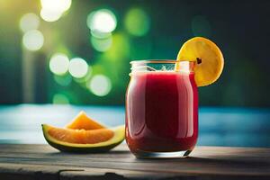 un' bicchiere di rosso succo con un' fetta di melone. ai-generato foto