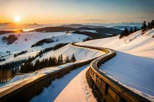 un' treno traccia corre attraverso il neve nel il montagne. ai-generato foto