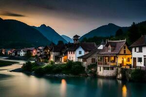 foto sfondo il cielo, montagne, fiume, case, il notte, il fiume, il villaggio. ai-generato