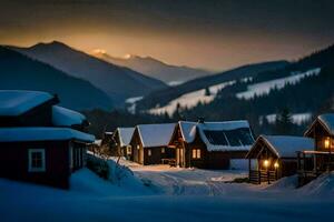 un' nevoso villaggio nel il montagne a tramonto. ai-generato foto