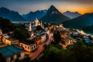 il tramonto al di sopra di il montagne e cittadina. ai-generato foto