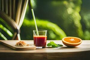 un' bicchiere di succo con un arancia fetta e un' cannuccia. ai-generato foto