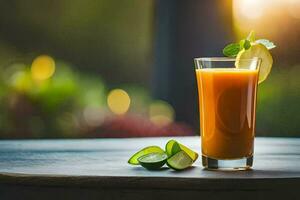 un' bicchiere di arancia succo con lime e menta. ai-generato foto