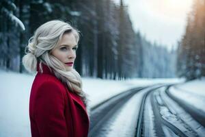 un' bellissimo bionda donna nel un' rosso cappotto in piedi su un' nevoso treno traccia. ai-generato foto