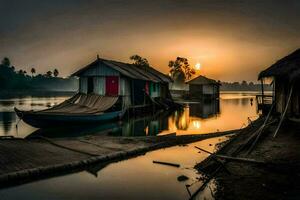 un' barca si siede su il riva di un' fiume a tramonto. ai-generato foto