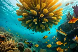 un' corallo scogliera con molti pesce nuoto in giro esso. ai-generato foto