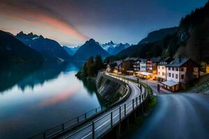 un' strada principale per un' lago e montagne a crepuscolo. ai-generato foto