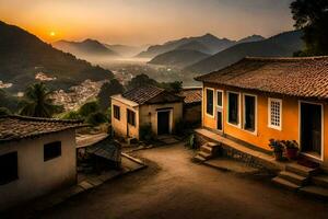 un' villaggio nel il montagne a tramonto. ai-generato foto