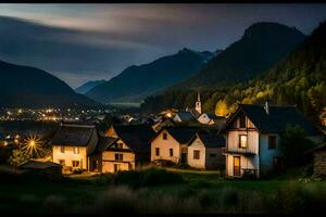 un' villaggio a notte nel il montagne. ai-generato foto