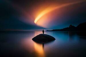 un' uomo in piedi su un' roccia nel il mezzo di un' lago a notte. ai-generato foto