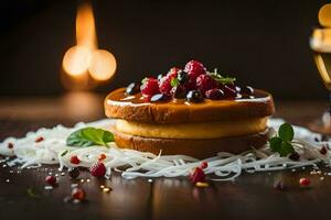 un' torta con frutti di bosco e un' bicchiere di vino. ai-generato foto