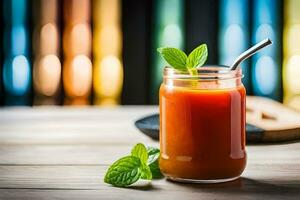 un' bicchiere di pomodoro succo con menta le foglie su un' di legno tavolo. ai-generato foto