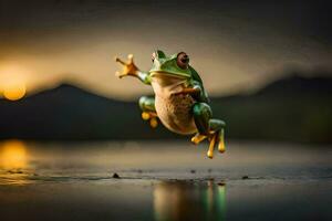 un' rana salto in il aria a tramonto. ai-generato foto