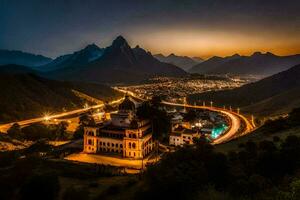 un' città e montagne a notte. ai-generato foto