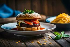 un' Hamburger su un' piatto con pasta e un' ciotola di salsa. ai-generato foto