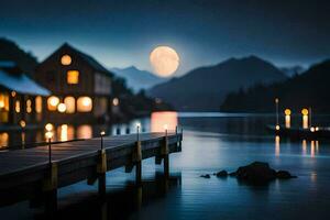 un' pieno Luna al di sopra di un' lago a notte. ai-generato foto