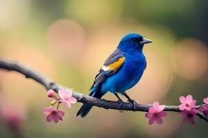 un' blu uccello si siede su un' ramo con rosa fiori. ai-generato foto