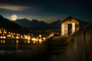 un' piccolo capanna si siede su il lato di un' collina a notte. ai-generato foto