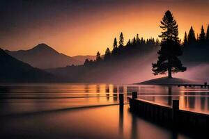 un' albero sta su il riva di un' lago a tramonto. ai-generato foto