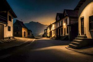 un' strada nel il montagne a notte. ai-generato foto