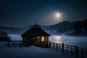 un' piccolo cabina si siede su il riva di un' lago a notte. ai-generato foto