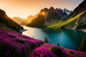 il sole sorge al di sopra di un' lago e viola fiori nel il montagne. ai-generato foto