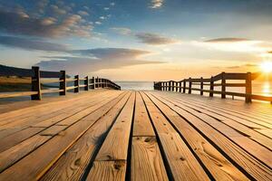 un' di legno ponte al di sopra di il oceano a tramonto. ai-generato foto