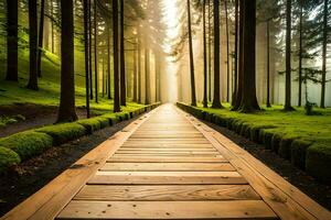 un' di legno sentiero nel il mezzo di un' foresta. ai-generato foto