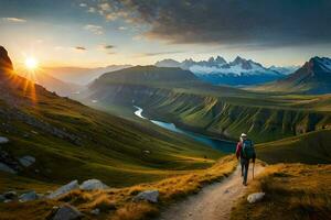 il uomo è a piedi su il sentiero nel il montagne. ai-generato foto