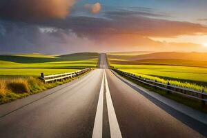 un' lungo strada con un' tramonto nel il distanza. ai-generato foto