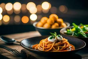 spaghetti con pomodoro salsa e Polpette su un' di legno tavolo. ai-generato foto