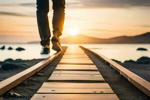 un' persona a piedi su un' di legno sentiero con il sole ambientazione dietro a loro. ai-generato foto