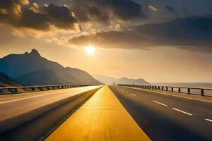 un' autostrada con il sole ambientazione dietro a esso. ai-generato foto