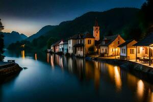 foto sfondo il notte, acqua, case, montagne, fiume, slovenia, Europa. ai-generato