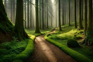 un' sentiero attraverso un' foresta con muschioso alberi. ai-generato foto