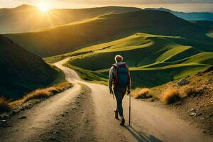 un' persona con un' zaino a piedi giù un' strada nel il montagne. ai-generato foto