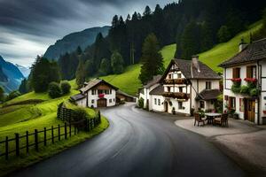 foto sfondo il cielo, montagne, strada, case, alberi, villaggio, strada, casa,. ai-generato