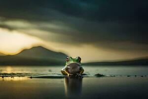 un' rana seduta su il bordo di un' lago a tramonto. ai-generato foto