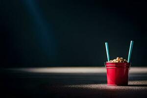 un' rosso tazza con un' cannuccia e alcuni Popcorn. ai-generato foto