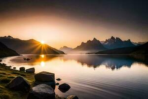 il sole sorge al di sopra di un' lago e montagne. ai-generato foto