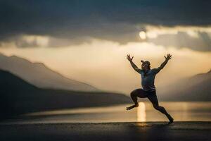 un' uomo salto nel il aria con il suo braccia proteso. ai-generato foto