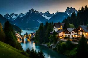 un' bellissimo montagna villaggio con un' fiume e montagne nel il sfondo. ai-generato foto