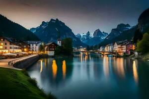 foto sfondo il cielo, montagne, fiume, cittadina, Svizzera, il notte, il montagne. ai-generato