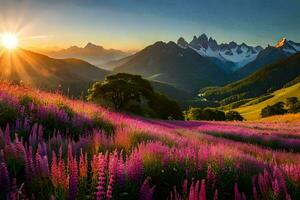 il sole sorge al di sopra di il montagne e fiori nel il primo piano. ai-generato foto