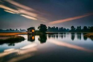 un' piccolo Casa si siede su il bordo di un' lago. ai-generato foto