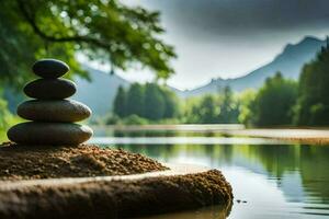 un' pila di pietre si siede su superiore di un' roccia nel davanti di un' lago. ai-generato foto