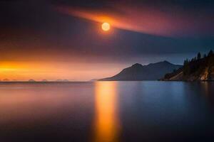 il Luna sorge al di sopra di il oceano e montagne. ai-generato foto