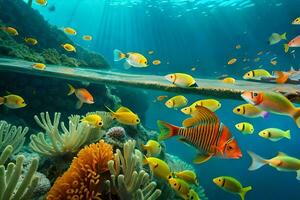 un' grande gruppo di colorato pesce nuoto nel il oceano. ai-generato foto