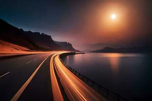 un' lungo esposizione foto di un' autostrada a tramonto. ai-generato